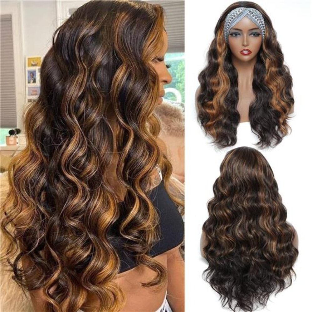 Brown Headband Wig 24Inch Long Wavy Headband Wigs for Black Women Dark Brown Mix
